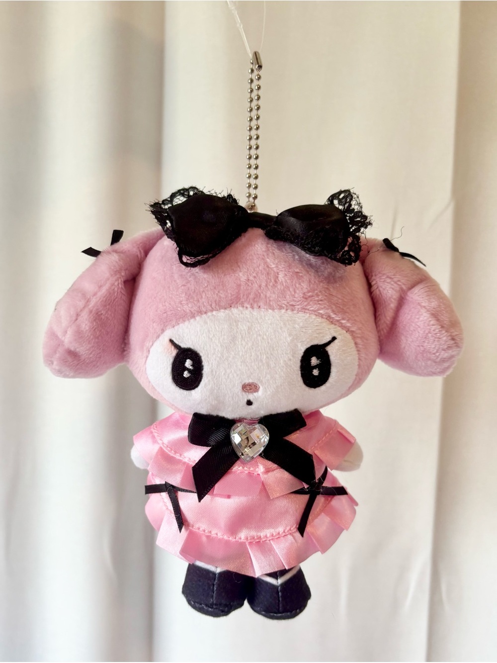 My Melody Plush Jiraikei Pink Dress w Sparkly Heart Bow Detail Bag Charm NWT